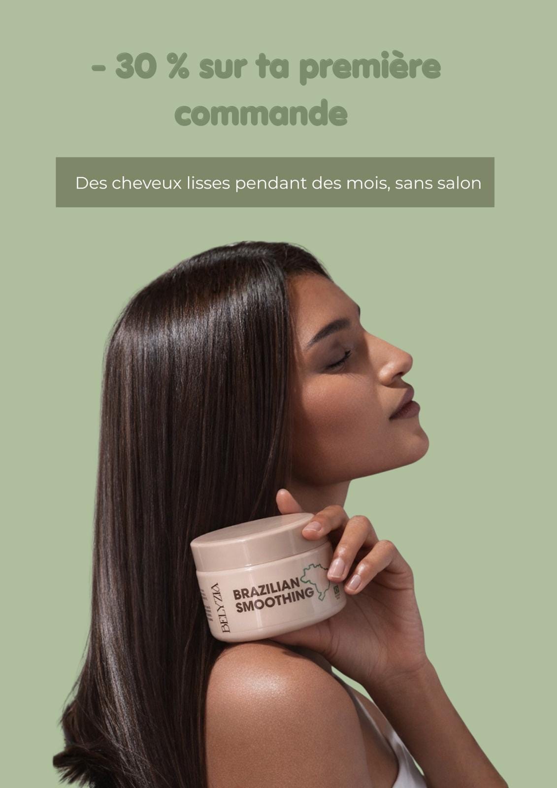 Woman with smooth, shiny hair holding the Belyzia Brazilian Smoothing Treatment